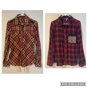 BKE Gimmicks Plaid Flannel Shirt Lot of 2 Beaded Crochet Size M Womens Buckle